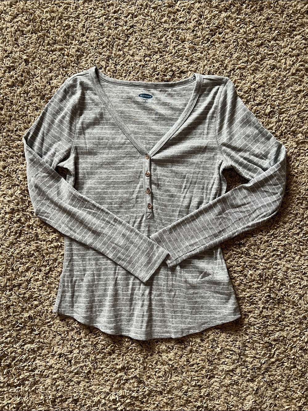 Old Navy Gray & White Striped Henley Long Sleeve Top